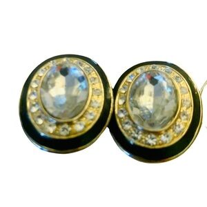 Vintage Round Rhinestone Silver Tone Clip On Earrings